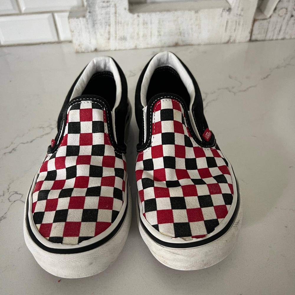 Vans Kids Checkerboard Slip-On Sneakers in Red, Black & White